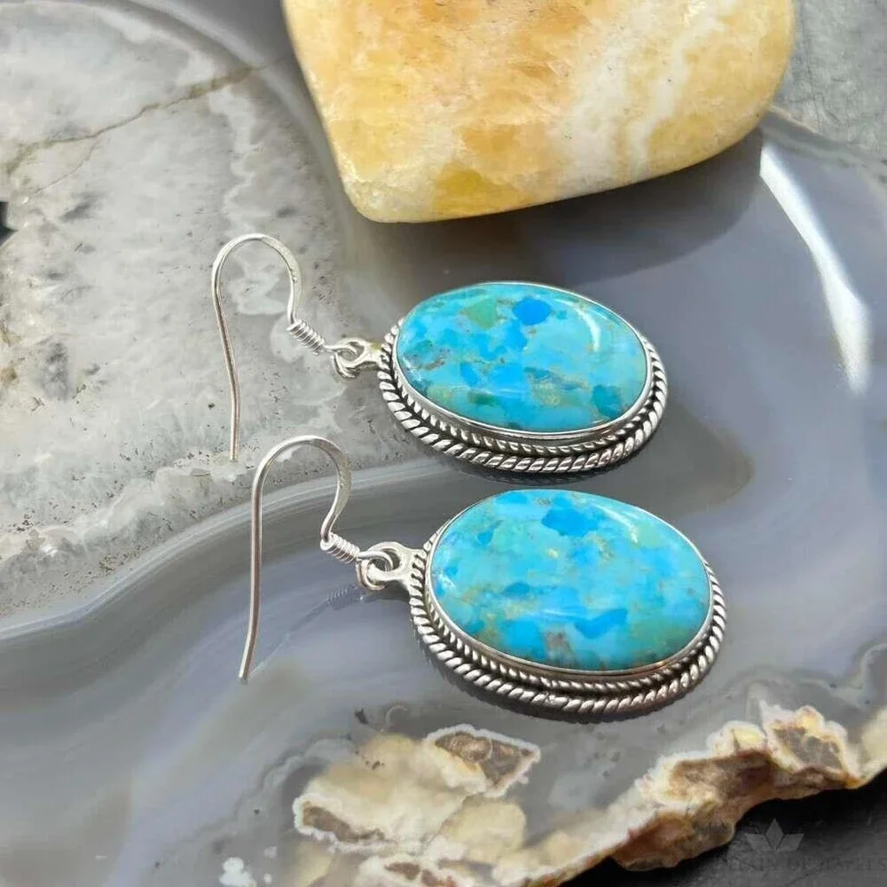 Sterling Southwestern Style Oval Mojave Turquoise Dangle Earrings For Women